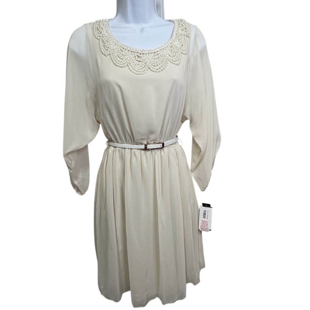 Cream Pearl Embellished Neckline‎ Sheer Sleeve Belted Dress Size S Romantic